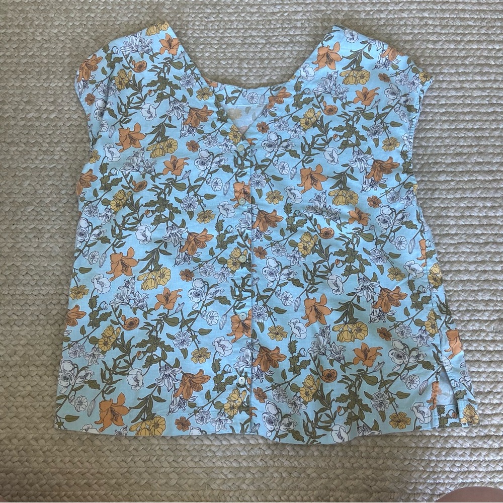 Cynthia Rowley Blue Floral Linen Button Back Top π - Picture 7 of 10